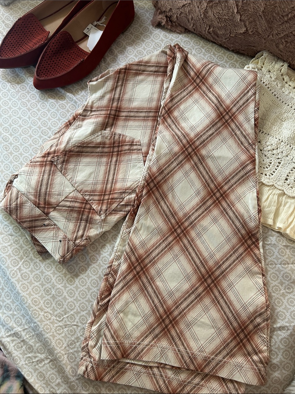 Hollister Cream and Brown Plaid bell bottom Pants